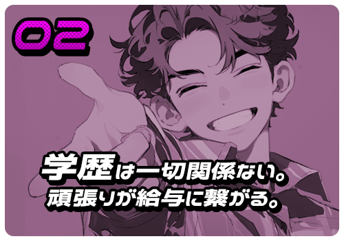学歴は一切関係ない。頑張りが給与に繋がる。